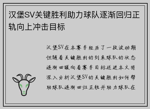 汉堡SV关键胜利助力球队逐渐回归正轨向上冲击目标
