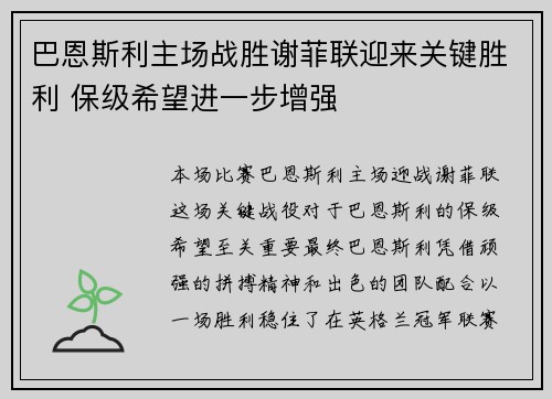 巴恩斯利主场战胜谢菲联迎来关键胜利 保级希望进一步增强