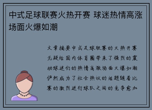 中式足球联赛火热开赛 球迷热情高涨场面火爆如潮