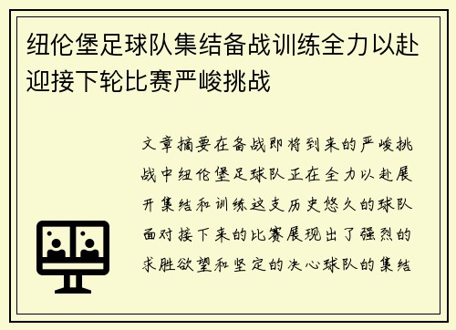 纽伦堡足球队集结备战训练全力以赴迎接下轮比赛严峻挑战
