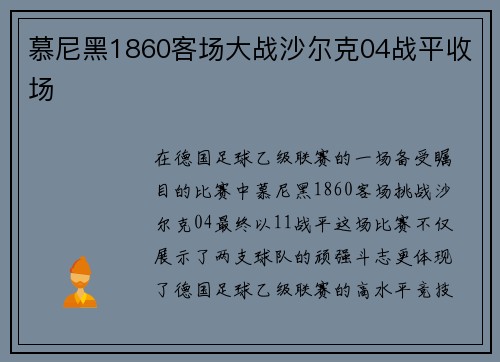慕尼黑1860客场大战沙尔克04战平收场