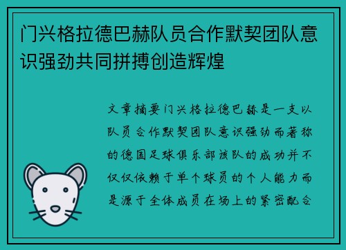 门兴格拉德巴赫队员合作默契团队意识强劲共同拼搏创造辉煌