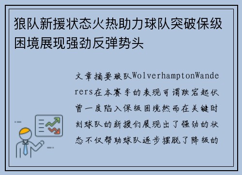 狼队新援状态火热助力球队突破保级困境展现强劲反弹势头
