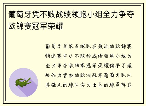 葡萄牙凭不败战绩领跑小组全力争夺欧锦赛冠军荣耀