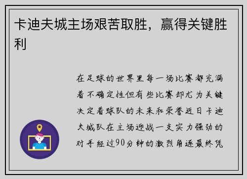 卡迪夫城主场艰苦取胜，赢得关键胜利