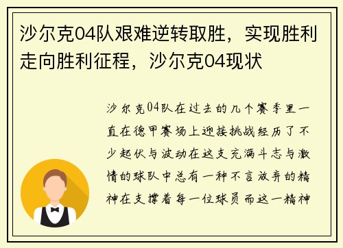 沙尔克04队艰难逆转取胜，实现胜利走向胜利征程，沙尔克04现状