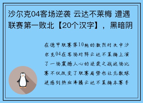 沙尔克04客场逆袭 云达不莱梅 遭遇联赛第一败北【20个汉字】，黑暗阴影免费高清在线观看