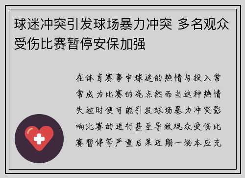 球迷冲突引发球场暴力冲突 多名观众受伤比赛暂停安保加强