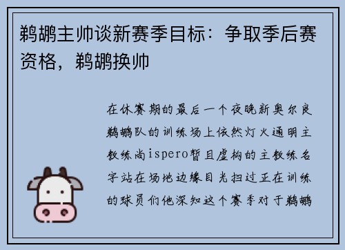 鹈鹕主帅谈新赛季目标：争取季后赛资格，鹈鹕换帅