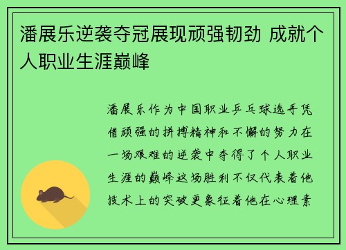 潘展乐逆袭夺冠展现顽强韧劲 成就个人职业生涯巅峰